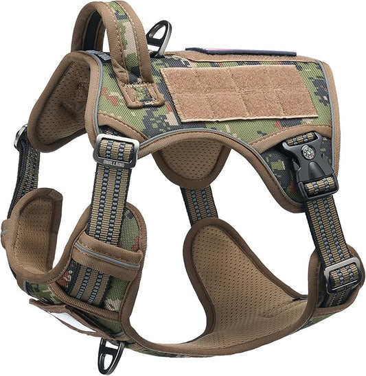 Tactical Dog Harness for Medium Large Dogs, Heavy Duty Dog Harness with ID Card, Reflective Hiking Harness for Training Easy Control Dog Vest with Handle Woodland Camo