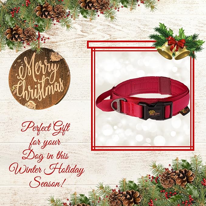 ADITYNA - Tactical Dog Collar for Large Dogs - Soft Padded, Heavy Duty, Adjustable Burgundy Dog Collar with Handle for Training and Walking