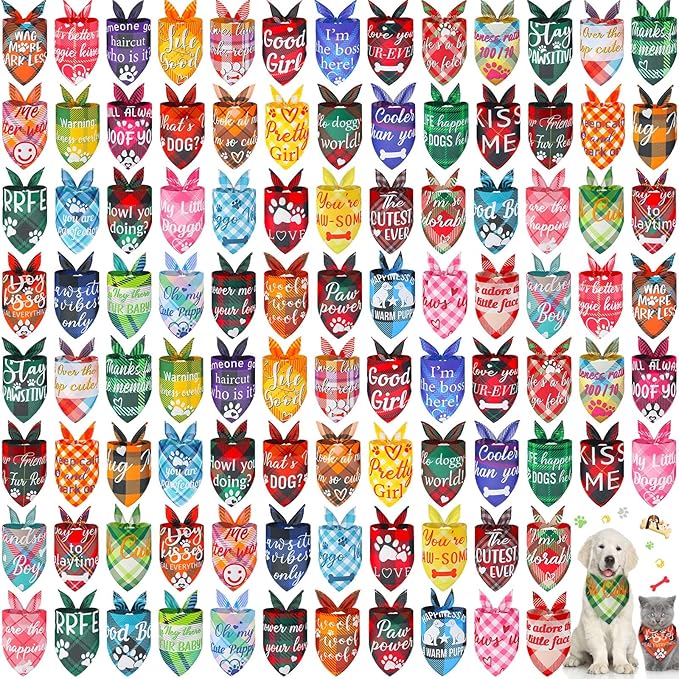 Sweetude 100 Pcs Plaid Dog Bandanas Bulk Paw Print Dog Scarf Bibs Puppy Pet Bandanas with Captions Adjustable Cat Outfit Washable Triangle Scarf Kerchief for Small to Medium