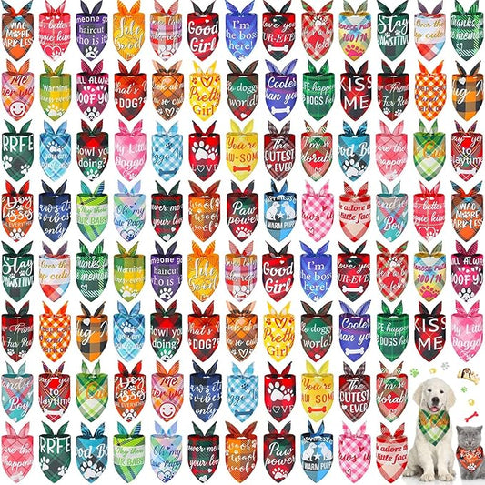 Sweetude 100 Pcs Plaid Dog Bandanas Bulk Paw Print Dog Scarf Bibs Puppy Pet Bandanas with Captions Adjustable Cat Outfit Washable Triangle Scarf Kerchief for Small to Medium