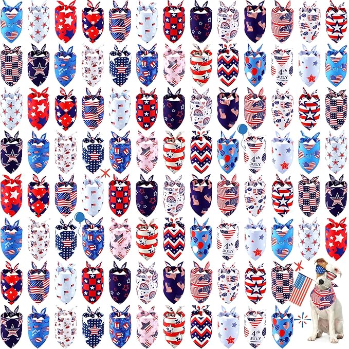 Sumind 100 Pieces Patriotic Dog Bandanas Bulk Bibs Triangle Scarf Star Bandanas for Dogs with Independence Day Patterns for Independence Day Pet Costume Accessories Decoration(Medium)
