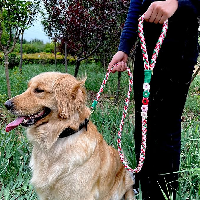 Handmade 5ft Braided Cotton Dog Leash with Unique Floral Handle, Durable and Stylish, Ideal for Small to Large Dogs,Strawberry