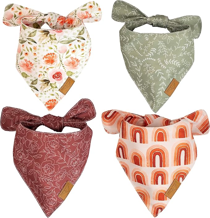 Remy+Roo Large Spring Bandanas - 4 Pack Rubi Set | Premium Durable Adjustable Polyester Fabric | Patented Shape Girl Dog Bandana, Floral Dog Bandana
