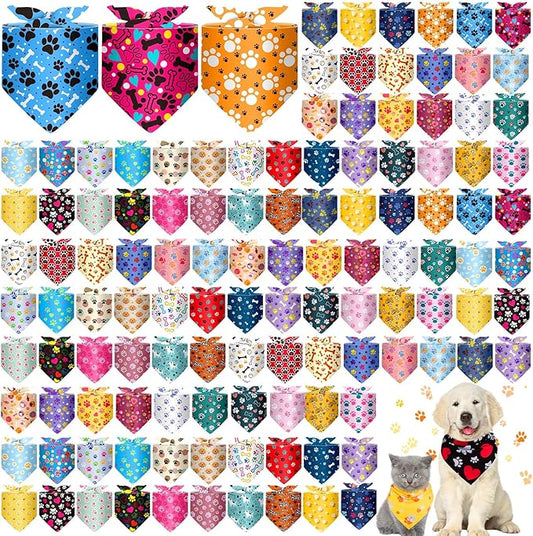 Reginary 120 Packs Dog Bandanas Bulk Dog Scarf Adjustable Holiday Pet Scarf Washable Scarves Triangle Drool Bibs for Cat Pet Costume Supply(Dog Paw Print)