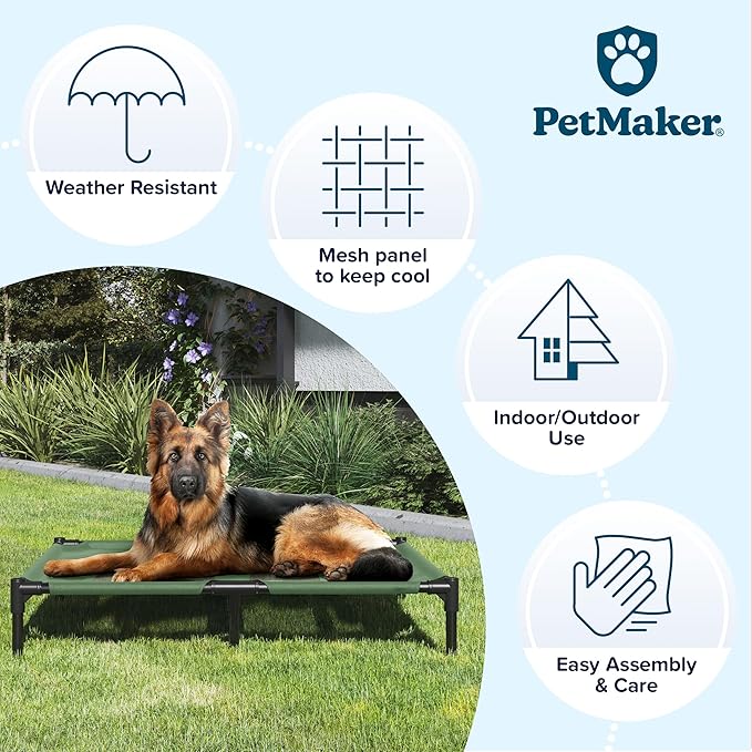 Elevated Dog Bed – 36x29.75 Portable Bed for Pets with Non-Slip Feet – Indoor/Outdoor Dog Cot or Puppy Bed for Pets up to 80lbs by Petmaker (Green)