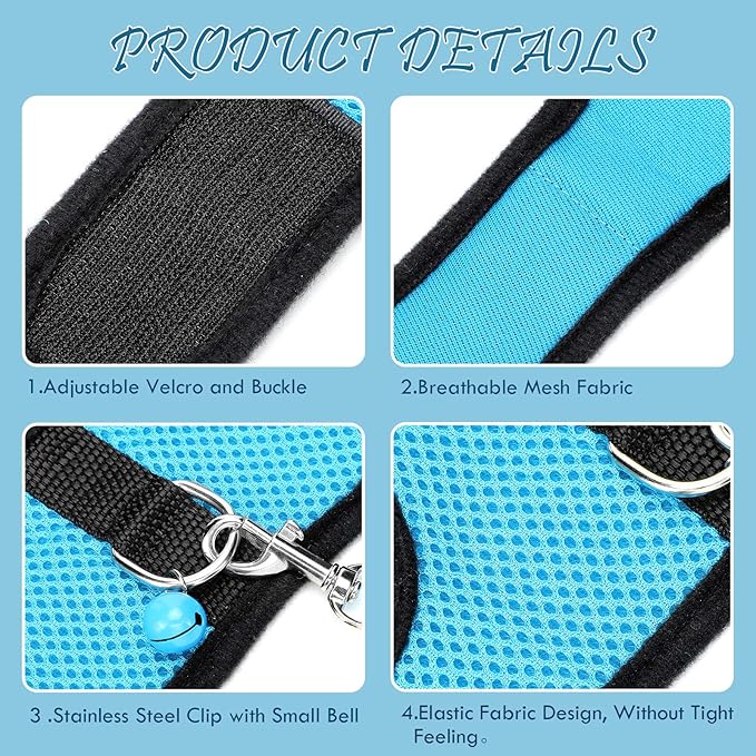 SATINIOR 2 Pieces Guinea Pig Clothes Baby Ferret Rats Hamster Soft Mesh Harness Leash Vest Set with Bell for Guinea Pigs, Hamster, Ferret, Rabbit, Chinchilla and Similar Small Animals(Blue, Black,M)