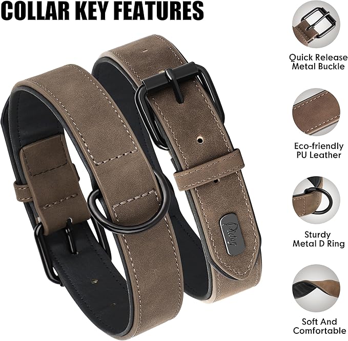 Didog Soft Padded Leather Dog Collar, Breathable Heavy Duty Dog Collar Faux Leather with Adjustable Rust-Proof Metal Buckle for Small Medium Large Dogs (L: Total Length 20", Fit 14-17" Neck, Brown)