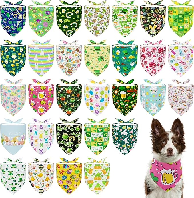 30 Pack St.Patricks Day Easter Dog Bandanas Bulk 33 Inch Dog Bandanas for Large Dogs Breed Adjustable XXL Polyester Scarves Party Grooming L