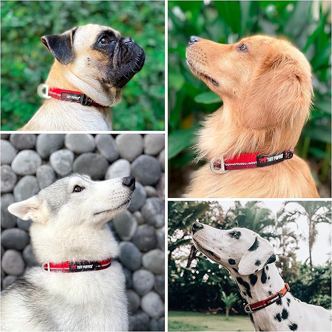 Tuff Pupper Heavy Duty Dog Collar | Reflective with Aluminum D-Ring Leash Clip | Separate Dog ID Tag Attachment | Easy Sizing for All Breeds