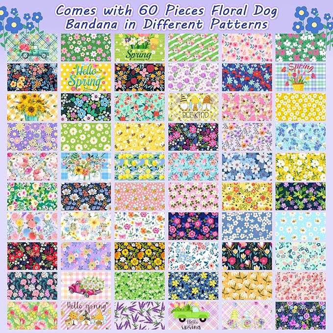 60 Pcs Spring Summer Dog Bandanas Bulk Adjustable Floral Puppy Scarves Pet Bandana Washable Flower Puppy Grooming Bandana for Mothers Day Small Medium Large Breed Dog Cat Pet Grooming Accessories