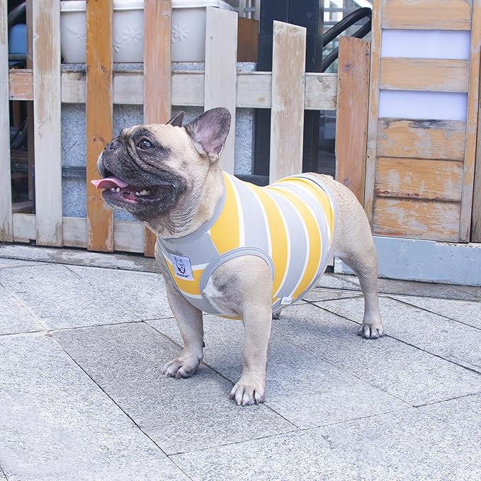 iChoue Pug T Shirts 100% Cotton Striped Clothes for Medium Dogs Tank Tops Vest Small Puppy French Bulldog Frenchie English Boston Terrier Pitbull Summer Yellow Stripes - S