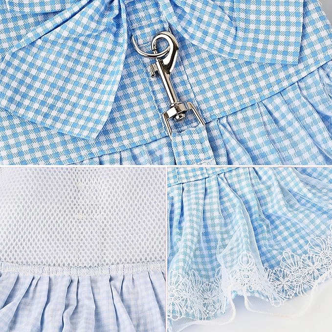 Dog Dress Plaid with Bowknot Cute Dress for Small Dog Cat Puppy Outfits with Harness Leash( Blue,Medium )