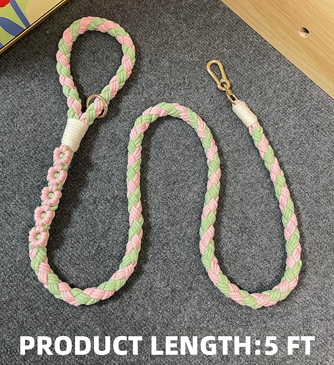 Handmade 5ft Braided Cotton Dog Leash with Unique Floral Handle, Durable and Stylish, Ideal for Small to Large Dogs, Pink & Green Color