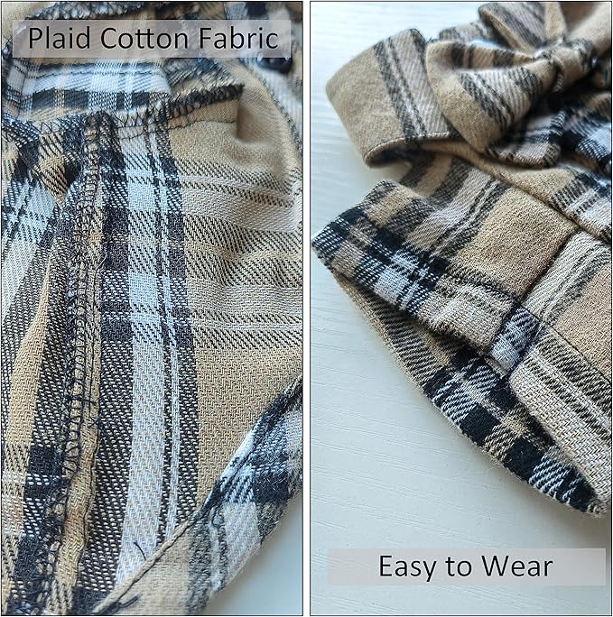 Soft Casual Plaid Shirt, Western Dog Shirt - Cotton with Bow Tie for Wedding, Christmas Costumes (X-Small, Dark Khaki)