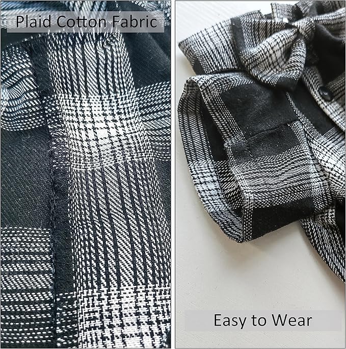 Soft Casual Plaid Shirt, Western Dog Shirt - Cotton with Bow Tie, Wedding & Christmas Costume (Medium, White & Black)