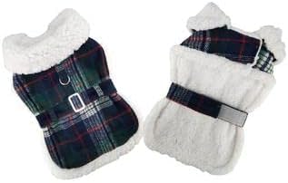 Sherpa-Lined Dog Harness Coat (XX-Large, Blue & Green Plaid)