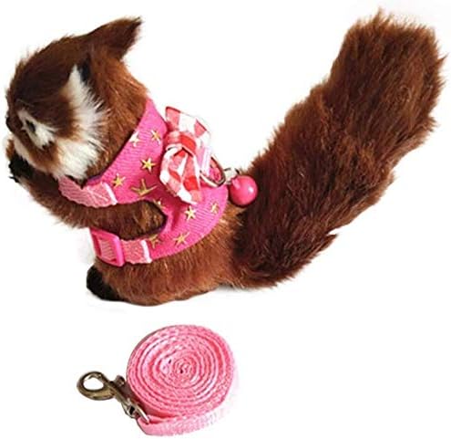 Small Animal Collar Leash Harness with Cute Bows and Bells Comfortable Durable Adjustable Suitable for Rabbit Guinea Pig Chinchilla Ferret Kitten Hamster Squirrel (Small,Pink Star)