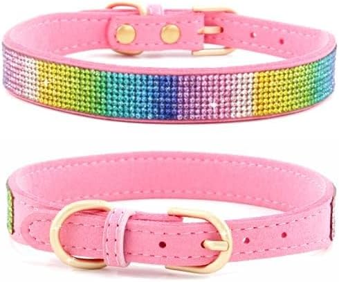 Rhinestone Dog Collar, Cute Dazzling Sparkling Soft Suede Leather Dog Cat Rhinestone Collar Crystal Diamond Pet Dog Puppy Collar (S, Pink-3)
