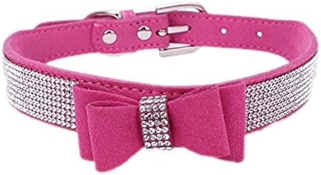 Rhinestone Dog Collar, Cute Dazzling Sparkling Soft Suede Leather Dog Cat Rhinestone Collar Crystal Diamond Pet Dog Puppy Collar (S, Hot Pink-1)