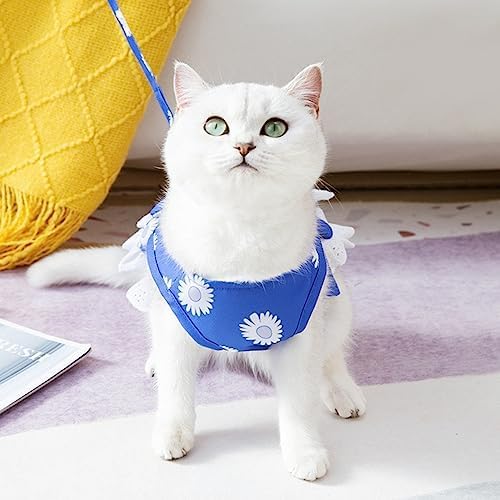 Daisy Floral Dog Harness and Leash Set - Bow Knot Girl Puppy Princess Skirt with D-Ring Mesh Summer Pet Clothes for Cat Dogs (Blue, X-Large)