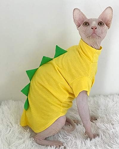 Dinosaur Design Sphynx Hairless Cat Clothes Cute Breathable Summer Cotton Shirts Cat Costume Pet Clothes,Round Collar Kitten T-Shirts with Sleeves, Cats & Small Dogs Apparel (S (3-4.5 lbs), Yellow)