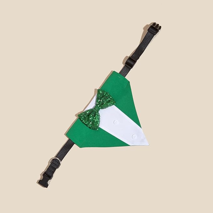 Dog Tuxedo Collar for Wedding Engagement Birthday St. Patrick's Day, Formal Bandana Collar Costume with Bow Tie and Adjustable Buckle,Suitable for Small Pup. (Green, S)