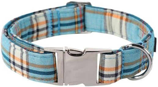 Lionet Paws Boy Dog Collar, Comfortable Adjustable Cute Blue Plaid Collar with Metal Buckle for Male Dogs, Large, Neck 16-24 inches