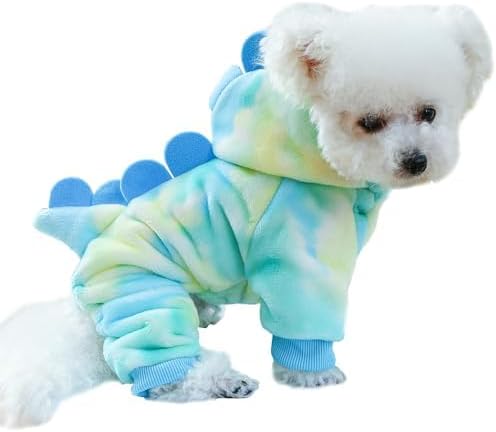 Dinosaur Dog Clothes for Small Dog Girl Boy, Fleece Winter Puppy Hoodies with Leash Ring, Cat Coat for Cold Weather, Funny Dinosaur Costume for Christmas Halloween (Green, X-Small)