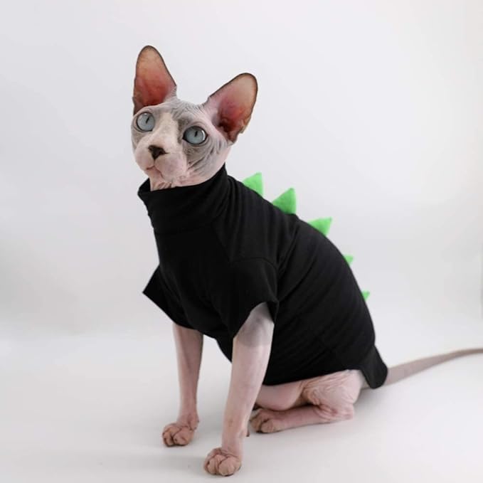 Dinosaur Design Sphynx Hairless Cat Clothes Cute Breathable Summer Cotton Shirts Cat Costume Pet Clothes,Round Collar Kitten T-Shirts with Sleeves, Cats & Small Dogs Apparel (L (7-8.8 lbs), Black)