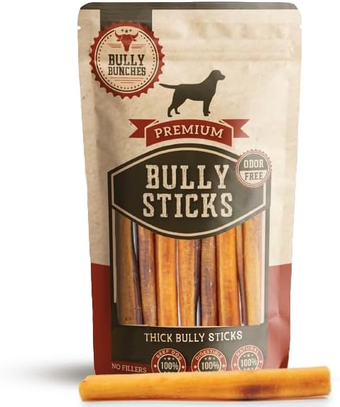 Bully Bunches Premium 6 Inch Thick Odor-Free Bully Sticks for Small & Medium Dogs - Long Lasting Chews for Oral Care- All Natural & Single Ingredient, 100% Beef Dog Treat, Rawhide Free (10 Pk)