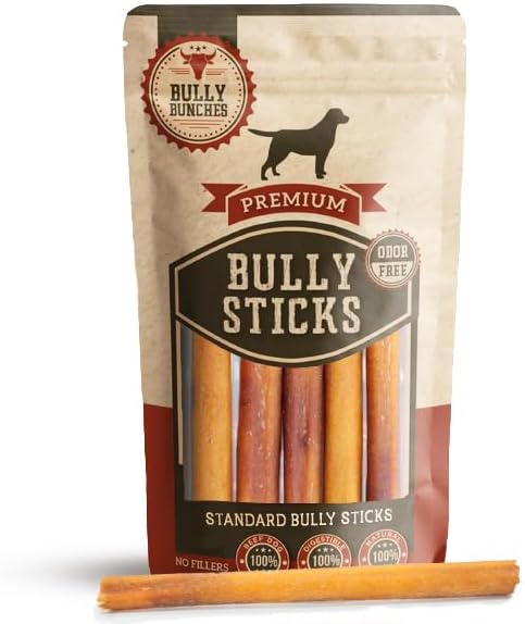 Bully Bunches Premium 6 Inch Standard Odor-Free Bully Sticks for Small to Medium Dogs & Puppies - Long Lasting Chews for Oral Care - All Natural, 100% Beef Dog Treats, Rawhide Free (5 Pack)