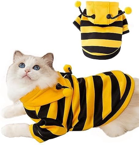 Halloween Dog Bee Costumes Yellow Bumblebee Pet Hoodies for Small Dog Winter Cat Clothes Hooded Puppy Sweatshirt with D-Ring for Cat Kitten Chihuahua (Yellow, X-Small)