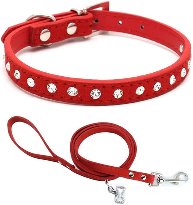 Puppy Collar and Leash with Bling Diamond, Pretty Crystal Sparkly Rhinestone Glitter Jewel Girls Cat Collars for XXS Xs Small Medium Pet Female Dogs Boys Kitten, Red XXSmall