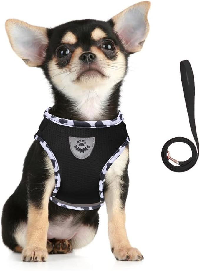 FEimaX Dog Harness and Leash Set for Walking, Soft Mesh Adjustable Easy Control Lightweight Cat Vest Harnesses with Reflective Strips, Escape Proof Small Dogs Cats Vests (Cowblack, Small)
