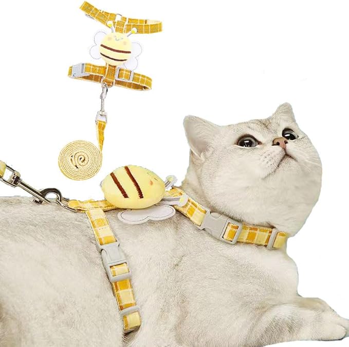 Cat Harness & Leash Set, Cats Escape Proof - Adjustable Kitten Harness for Large Small Cats, Cute Bee Plaid Lightweight Soft Petsafe Harness (Yellow Plaid Bee, M (for 7.0-16.5lb))
