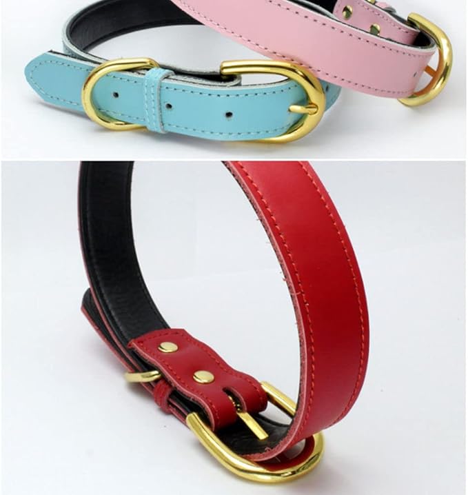 Genuine Leather Dog Collar with Airtag Holder, Soft Real Cowhide Two-Tone Padded, Gold Buckle Durable Pet Cat Collars Adjustable for Small Medium Large Hound Terrier Puppy, Pink S