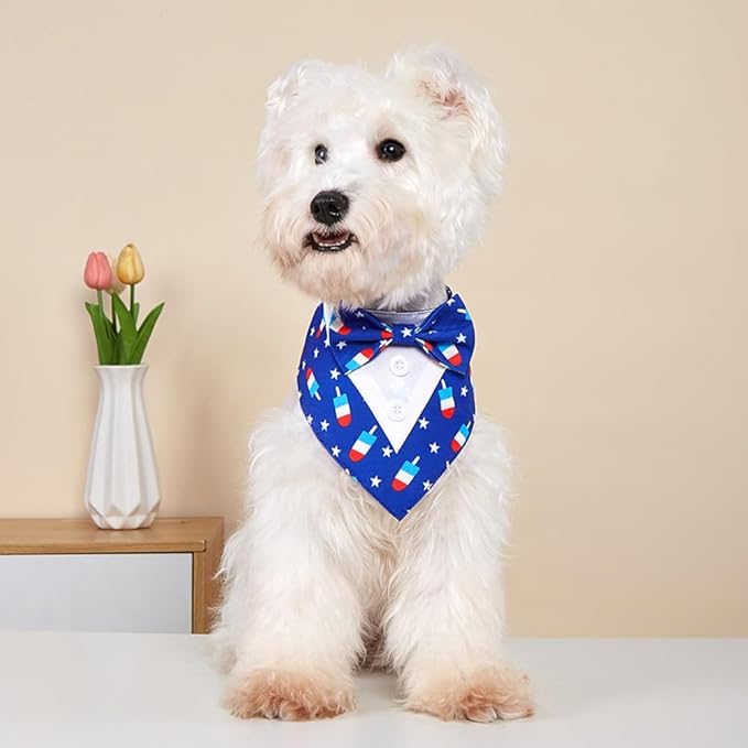 Patriotic Dog Tuxedo for Independence Day, Formal Bandana Collar Costume with Bow Tie and Adjustable Velcro,Suitable for Medium Pup (Blue Star, M)