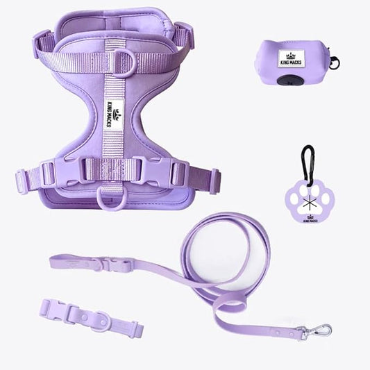 King Macks Dog Harness Set with Collar and Leash, Waste Bag Holder and Dirty Waste Bag Clip, Adjustable for Small/Medium/Large Dogs, Lightweight (Lavender, Large)
