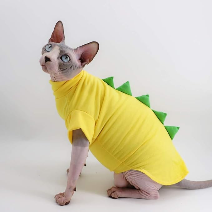 Dinosaur Design Sphynx Hairless Cat Clothes Cute Breathable Summer Cotton Shirts Cat Costume Pet Clothes,Round Collar Kitten T-Shirts with Sleeves, Cats & Small Dogs Apparel (S (3-4.5 lbs), Yellow)
