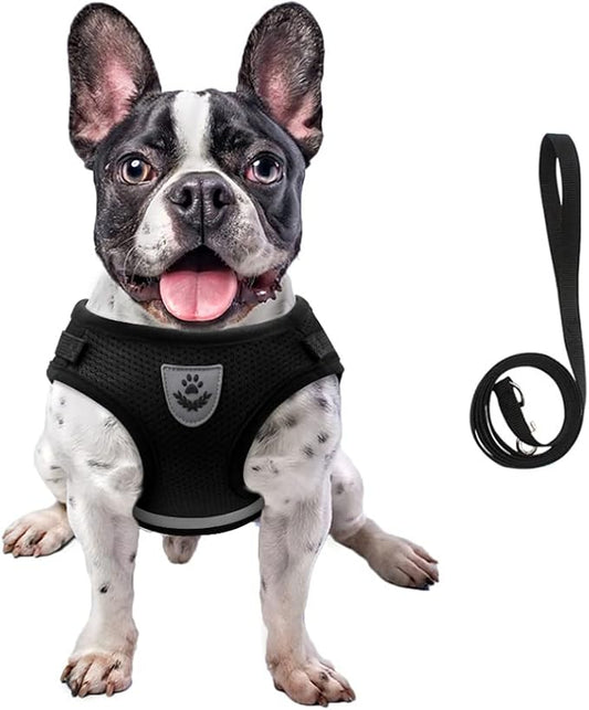 FEimaX Dog Harness and Leash Set for Walking, Soft Mesh Adjustable Easy Control Lightweight Cat Vest Harnesses with Reflective Strips, Escape Proof Small Dogs Cats Vests (Black, Large)