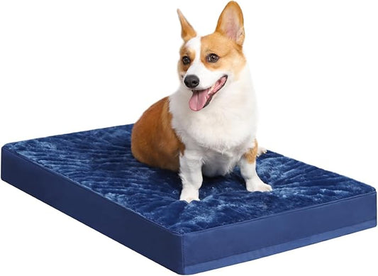 KSIIA Orthopedic Dog Bed - Waterproof Crate Bed for Medium Dogs, Deluxe Plush Washable With Egg Crate Foam & Removable Cover, 29 x 18 Inch, Blue