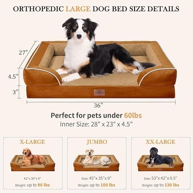 Comfort Expression Large Dog Beds Orthopedic Foam, Waterproof Dog Beds for Large Sized Dogs, Comfy Washable Pet Bed Sofa with Removable Cover & Non-Slip Bottom(Caramel)