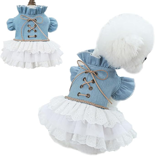 Girl Dog Denim Dress with Flared Sleeves Dog Jeans Jacket Blue White Puppy Clothes for Small Dogs Cat Apparel Cake Skirt Pet Outfit (Blue, X-Small)