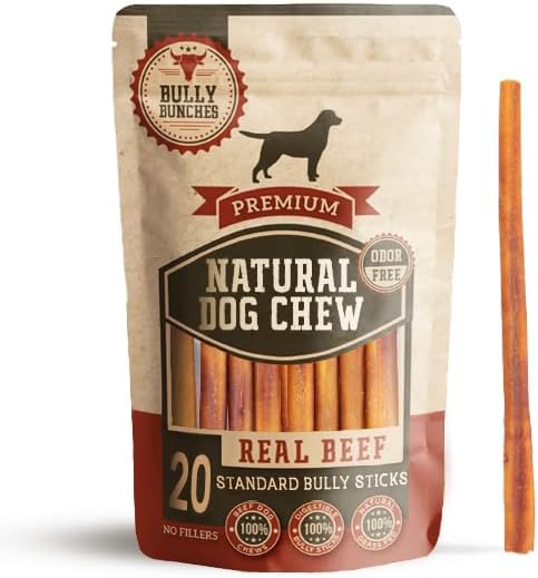 Bully Bunches Premium 12 Inch Standard Odor-Free Bully Sticks for Small & Medium Dogs - Long Lasting Chew Bones - All Natural & Single Ingredient, 100% Beef Dog Treat, Rawhide Free (20 Pk)