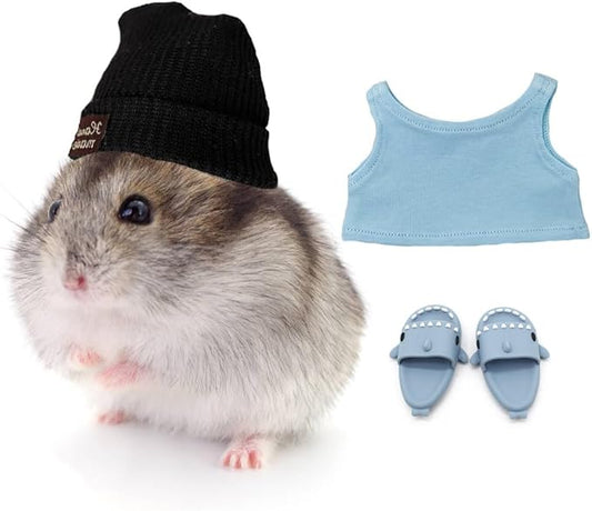 Hamster Costume Set with Shirt, Hat, Shoes, Small Animal Cute Shark Slipper for Real Pets, Cute Mini Rat Holiday Party Clothes, for Fun, Photos. (Blue)