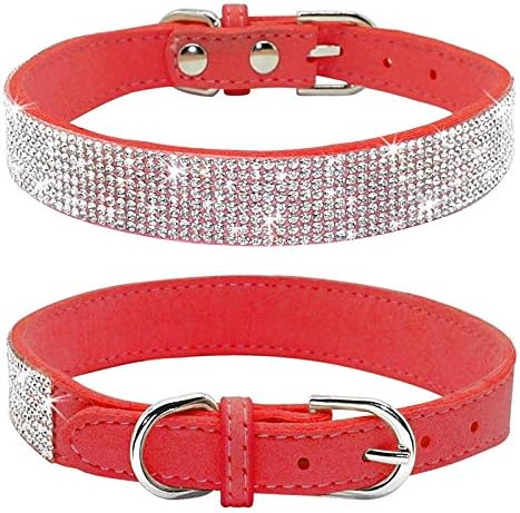 Rhinestone Dog Collar, Cute Dazzling Sparkling Soft Suede Leather Dog Cat Rhinestone Collar Crystal Diamond Pet Dog Puppy Collar(Red,M)