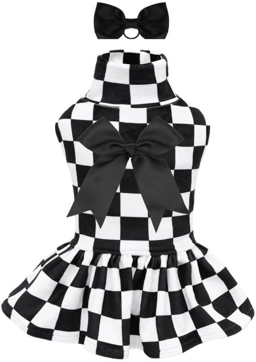 CuteBone Turtleneck Dog Velvet Dress Puppy Skirt Costume Pet Clothes Cat Apparel with Bow Hair Rope for Small Dogs CVD15M