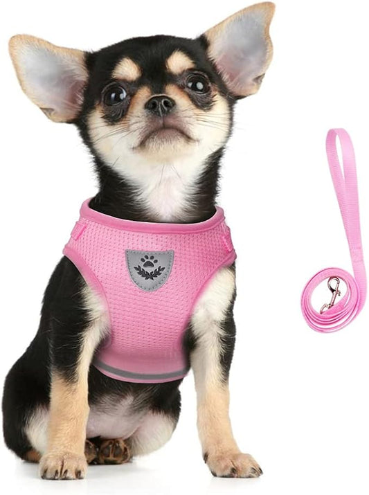 FEimaX Dog Harness and Leash Set for Walking, Soft Mesh Adjustable Easy Control Lightweight Cat Vest Harnesses with Reflective Strips, Escape Proof Small Dogs Cats Vests (Pink, Medium)