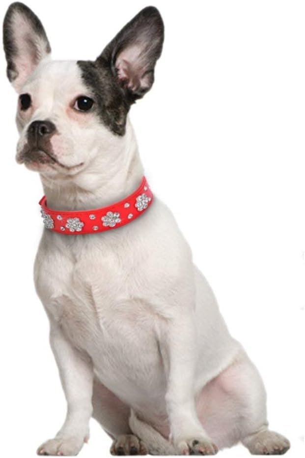 Cute Flower Rhinestone Dog Collar, Bling Collar PU Leather Adjustable Sizes Small Medium Large (Red)