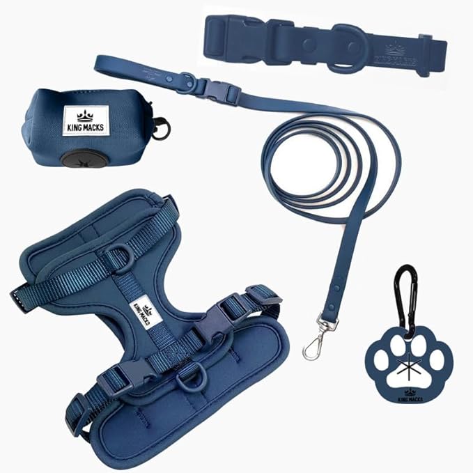 King Macks Dog Harness Set with Collar and Leash, Waste Bag Holder and Dirty Waste Bag Clip, Adjustable for Small/Medium/Large Dogs, Lightweight (Navy Blue, Small)